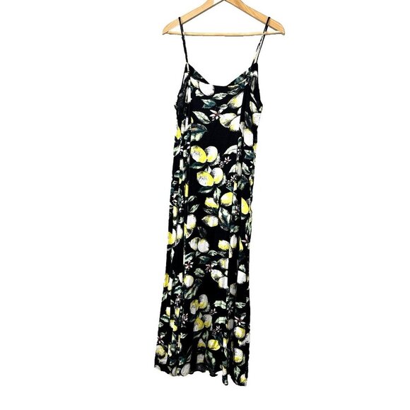 Xhilaration 0X Black Lemon Floral Maxi Dress Cottagecore Euro Summer Double Slit - Picture 2 of 6